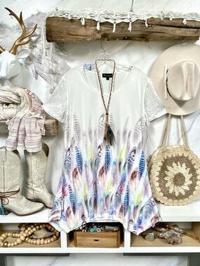 Semi sheer Feather boho tunic blouse w shabby chic resort vacay vibe